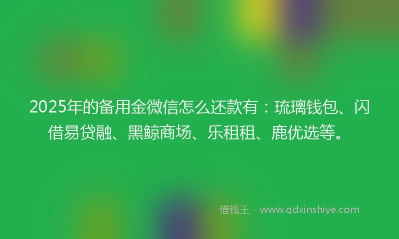 2025年的备用金微信怎么还款有：琉璃钱包、闪借易贷融、黑鲸商场、乐租租、鹿优选等。