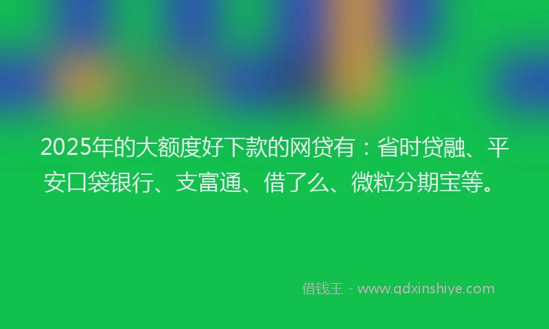 2025年的大额度好下款的网贷有：省时贷融、平安口袋银行、支富通、借了么、微粒分期宝等。