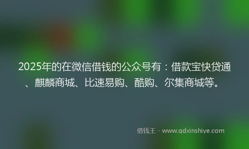 2025年的在微信借钱的公众号有：借款宝快贷通、麒麟商城、比速易购、酷购、尔集商城等。