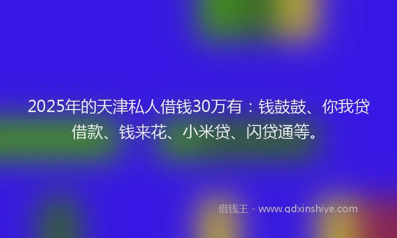 2025年的天津私人借钱30万有：钱鼓鼓、你我贷借款、钱来花、小米贷、闪贷通等。