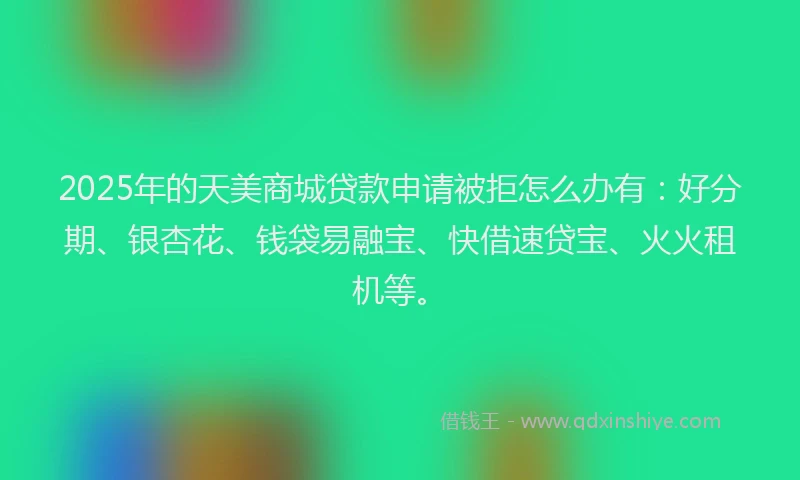 2025年的天美商城贷款申请被拒怎么办有：好分期、银杏花、钱袋易融宝、快借速贷宝、火火租机等。