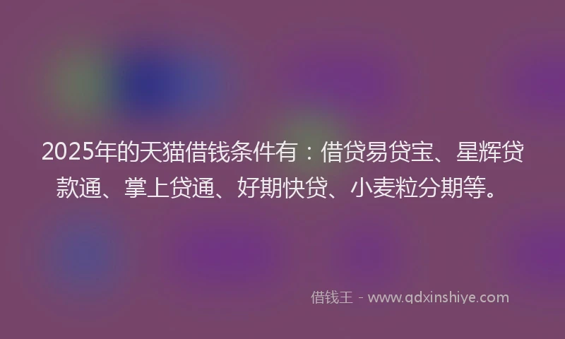 2025年的天猫借钱条件有：借贷易贷宝、星辉贷款通、掌上贷通、好期快贷、小麦粒分期等。