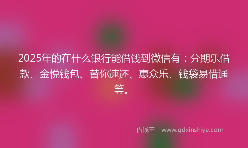 2025年的在什么银行能借钱到微信有：分期乐借款、金悦钱包、替你速还、惠众乐、钱袋易借通等。