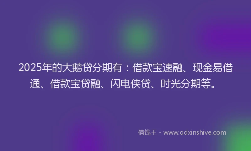 2025年的大鹅贷分期有：借款宝速融、现金易借通、借款宝贷融、闪电侠贷、时光分期等。