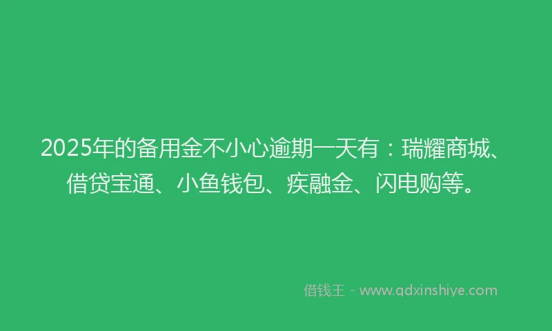 2025年的备用金不小心逾期一天有：瑞耀商城、借贷宝通、小鱼钱包、疾融金、闪电购等。