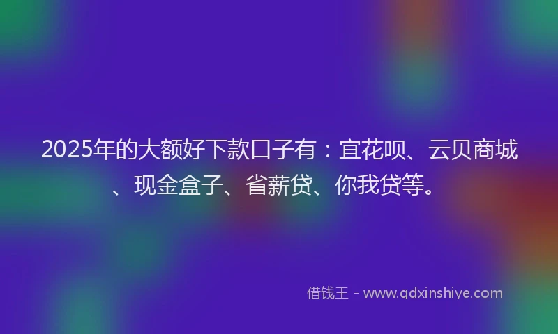 2025年的大额好下款口子有：宜花呗、云贝商城、现金盒子、省薪贷、你我贷等。