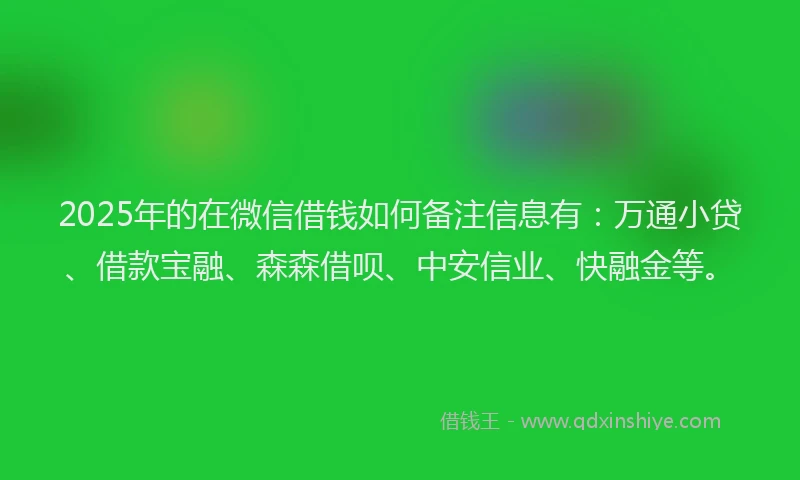 2025年的在微信借钱如何备注信息有：万通小贷、借款宝融、森森借呗、中安信业、快融金等。
