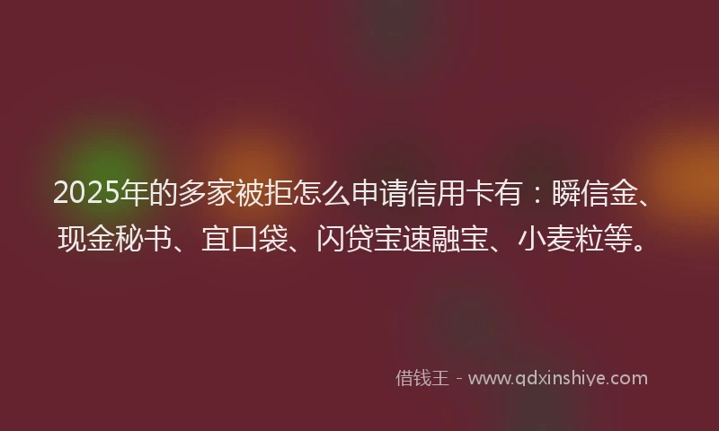 2025年的多家被拒怎么申请信用卡有：瞬信金、现金秘书、宜口袋、闪贷宝速融宝、小麦粒等。