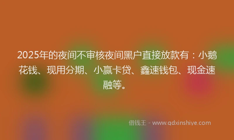 2025年的夜间不审核夜间黑户直接放款有：小鹅花钱、现用分期、小赢卡贷、鑫速钱包、现金速融等。