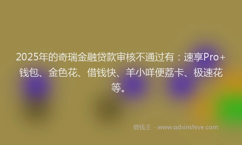 2025年的奇瑞金融贷款审核不通过有：速享Pro+钱包、金色花、借钱快、羊小咩便荔卡、极速花等。