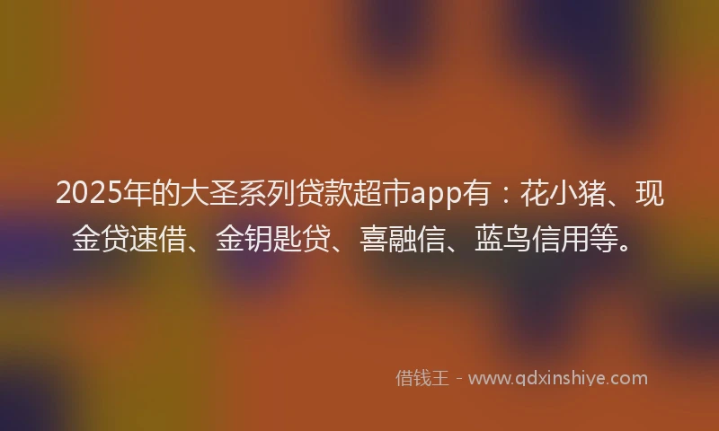2025年的大圣系列贷款超市app有：花小猪、现金贷速借、金钥匙贷、喜融信、蓝鸟信用等。
