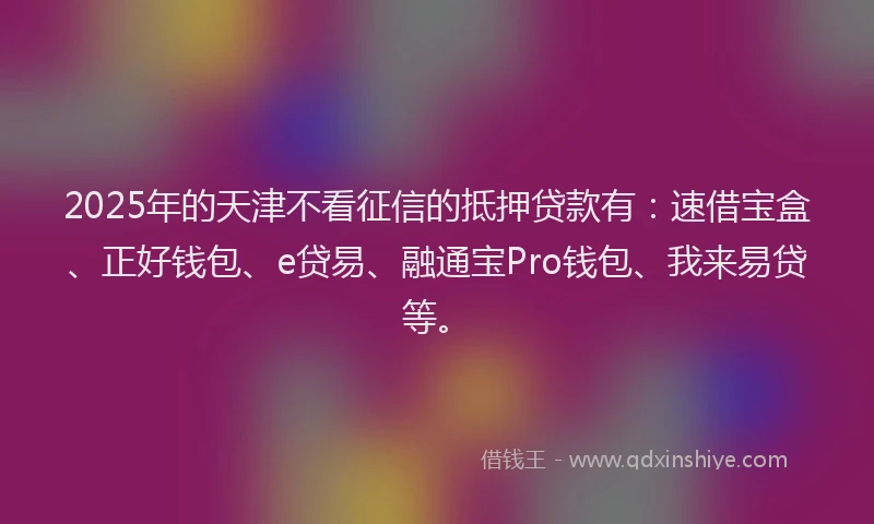 2025年的天津不看征信的抵押贷款有：速借宝盒、正好钱包、e贷易、融通宝Pro钱包、我来易贷等。
