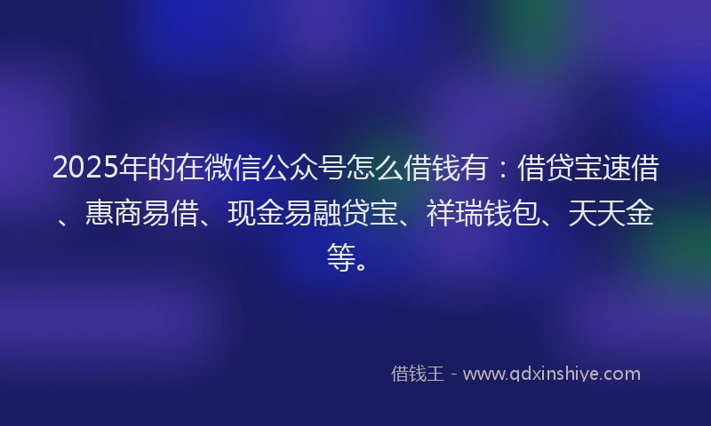 2025年的在微信公众号怎么借钱有：借贷宝速借、惠商易借、现金易融贷宝、祥瑞钱包、天天金等。