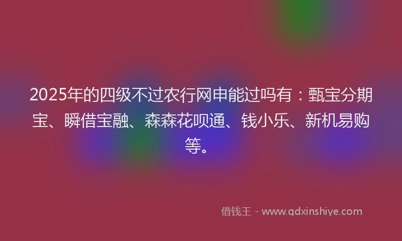 2025年的四级不过农行网申能过吗有：甄宝分期宝、瞬借宝融、森森花呗通、钱小乐、新机易购等。