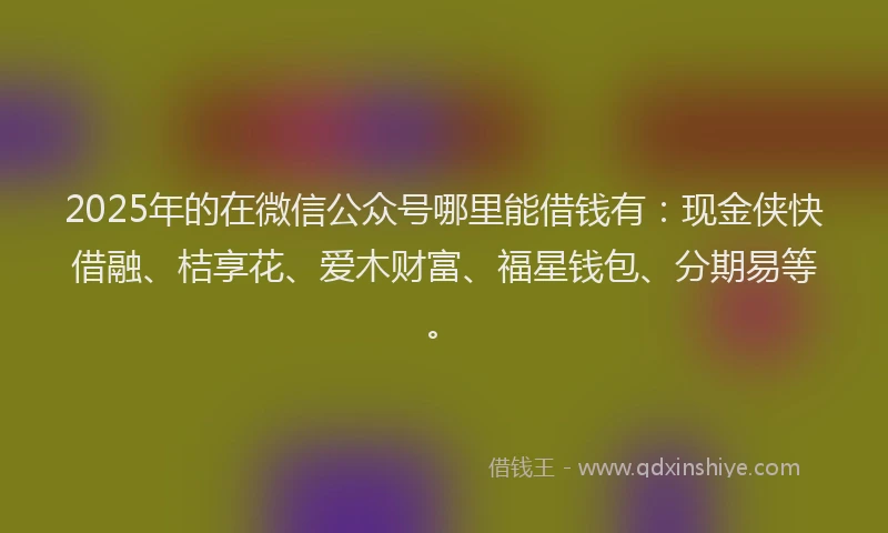 2025年的在微信公众号哪里能借钱有:现金侠快借融、桔享花、爱木财富、福星钱包、分期易等。
