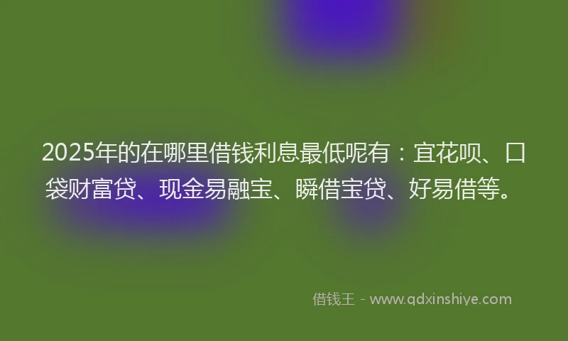 2025年的在哪里借钱利息最低呢有：宜花呗、口袋财富贷、现金易融宝、瞬借宝贷、好易借等。