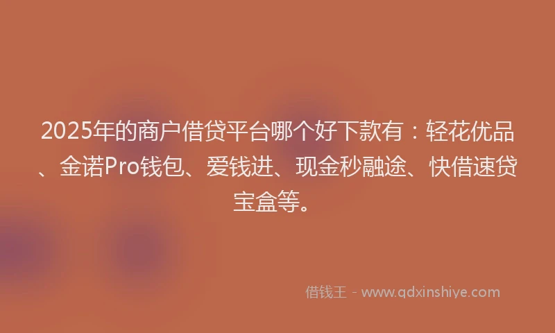 2025年的商户借贷平台哪个好下款有：轻花优品、金诺Pro钱包、爱钱进、现金秒融途、快借速贷宝盒等。