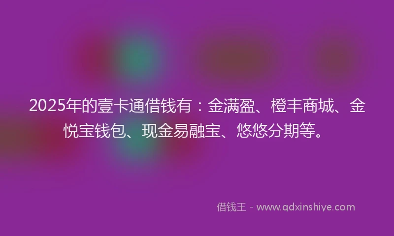 2025年的壹卡通借钱有：金满盈、橙丰商城、金悦宝钱包、现金易融宝、悠悠分期等。