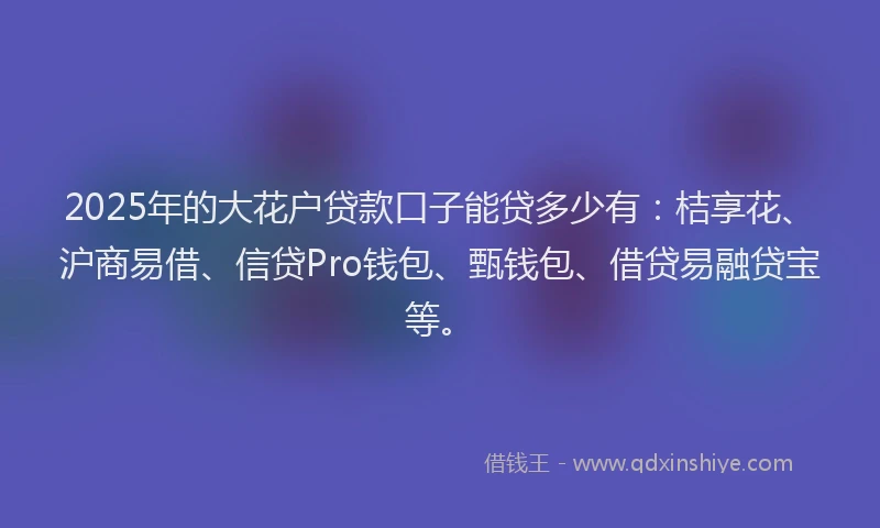 2025年的大花户贷款口子能贷多少有:桔享花、沪商易借、信贷Pro钱包、甄钱包、借贷易融贷宝等。
