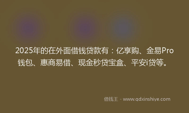 2025年的在外面借钱贷款有：亿享购、金易Pro钱包、惠商易借、现金秒贷宝盒、平安i贷等。