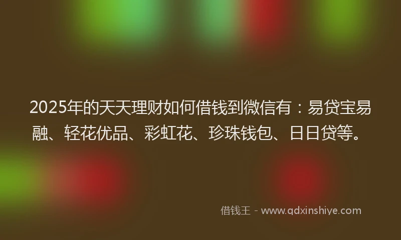 2025年的天天理财如何借钱到微信有：易贷宝易融、轻花优品、彩虹花、珍珠钱包、日日贷等。