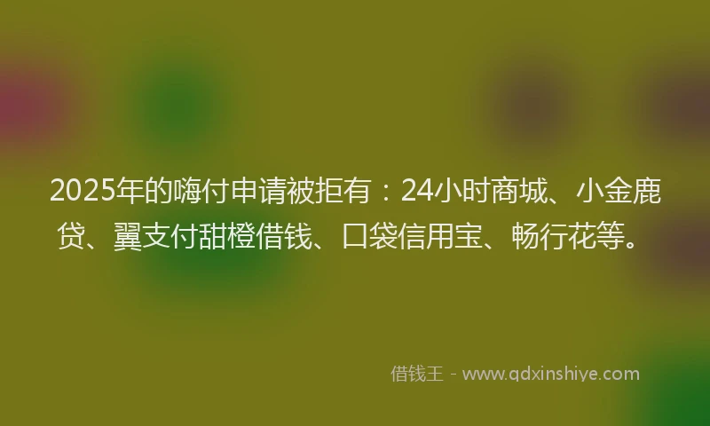 2025年的嗨付申请被拒有：24小时商城、小金鹿贷、翼支付甜橙借钱、口袋信用宝、畅行花等。