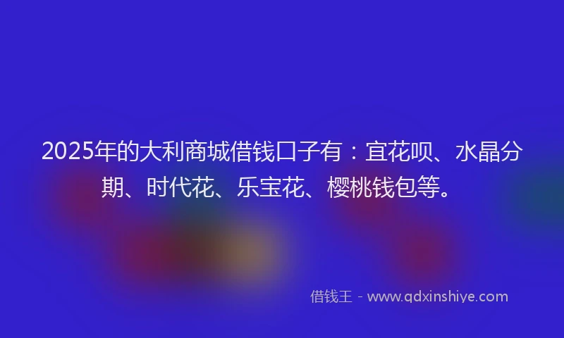 2025年的大利商城借钱口子有:宜花呗、水晶分期、时代花、乐宝花、樱桃钱包等。