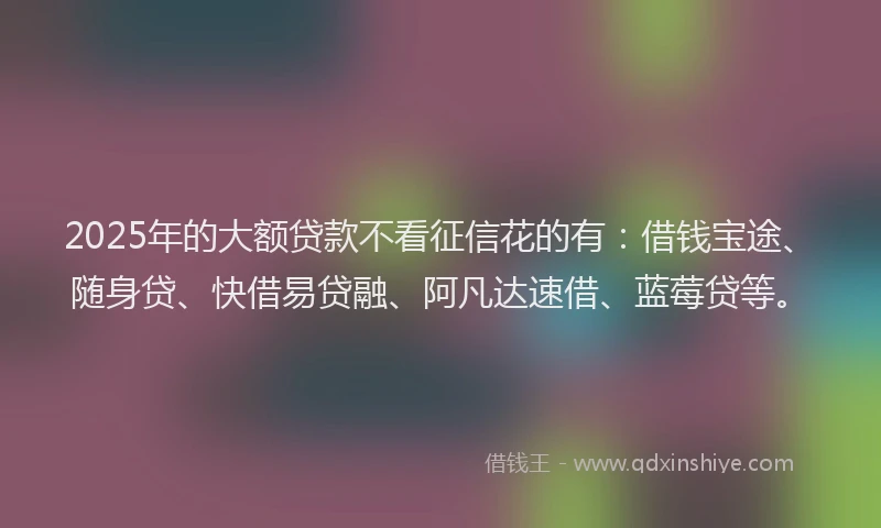 2025年的大额贷款不看征信花的有：借钱宝途、随身贷、快借易贷融、阿凡达速借、蓝莓贷等。
