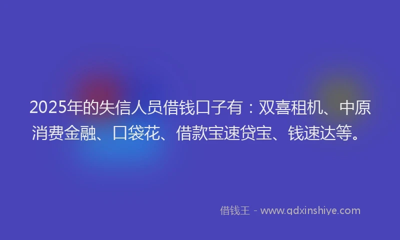 2025年的失信人员借钱口子有：双喜租机、中原消费金融、口袋花、借款宝速贷宝、钱速达等。