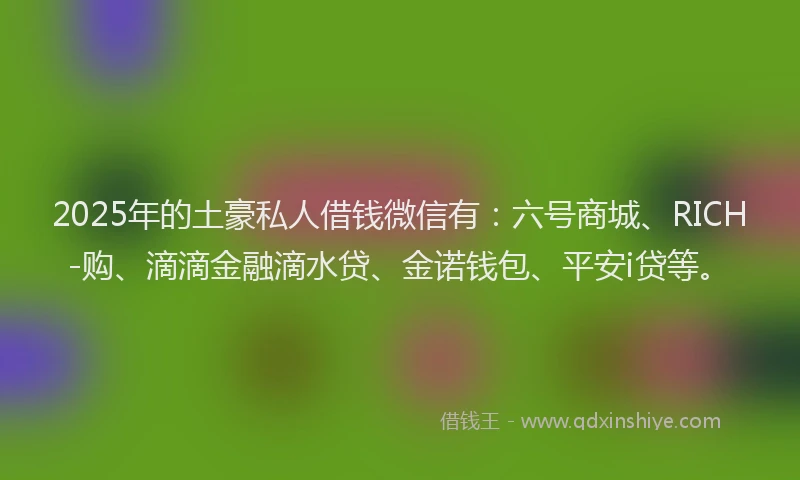 2025年的土豪私人借钱微信有：六号商城、RICH-购、滴滴金融滴水贷、金诺钱包、平安i贷等。