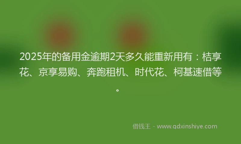 2025年的备用金逾期2天多久能重新用有：桔享花、京享易购、奔跑租机、时代花、柯基速借等。