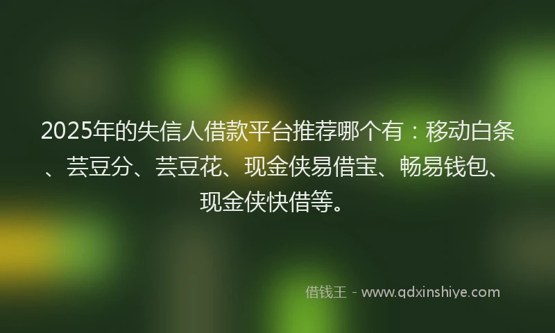 2025年的失信人借款平台推荐哪个有：移动白条、芸豆分、芸豆花、现金侠易借宝、畅易钱包、现金侠快借等。
