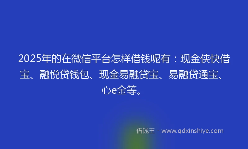 2025年的在微信平台怎样借钱呢有：现金侠快借宝、融悦贷钱包、现金易融贷宝、易融贷通宝、心e金等。