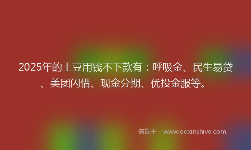 2025年的土豆用钱不下款有：呼吸金、民生易贷、美团闪借、现金分期、优投金服等。