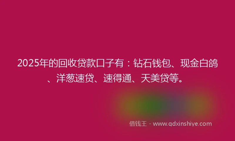 2025年的回收贷款口子有：钻石钱包、现金白鸽、洋葱速贷、速得通、天美贷等。