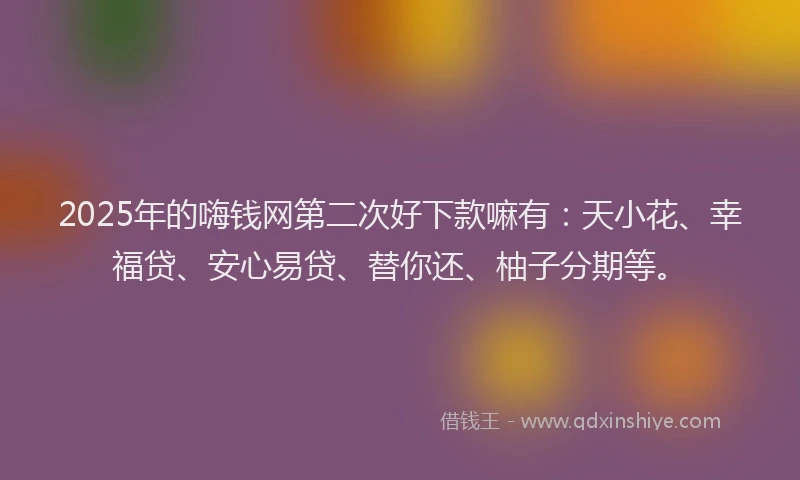 2025年的嗨钱网第二次好下款嘛有：天小花、幸福贷、安心易贷、替你还、柚子分期等。