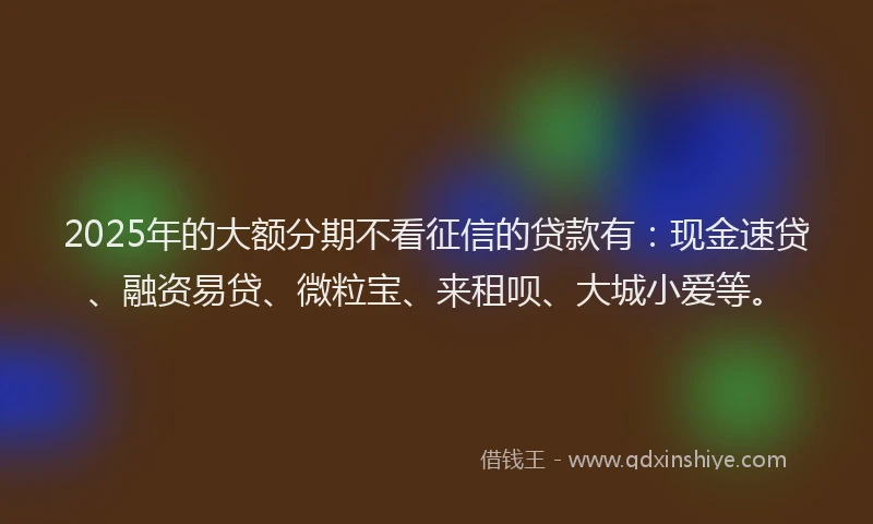 2025年的大额分期不看征信的贷款有：现金速贷、融资易贷、微粒宝、来租呗、大城小爱等。