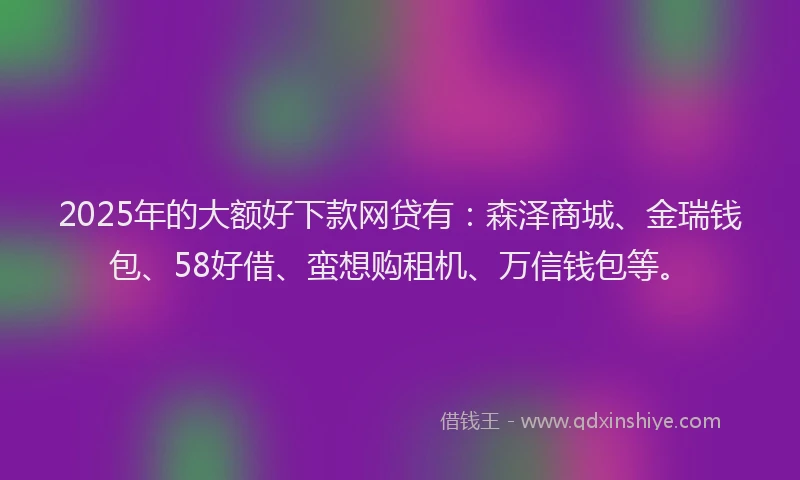 2025年的大额好下款网贷有：森泽商城、金瑞钱包、58好借、蛮想购租机、万信钱包等。