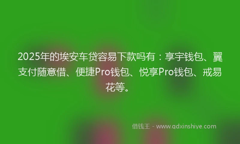 2025年的埃安车贷容易下款吗有:享宇钱包、翼支付随意借、便捷Pro钱包、悦享Pro钱包、戒易花等。
