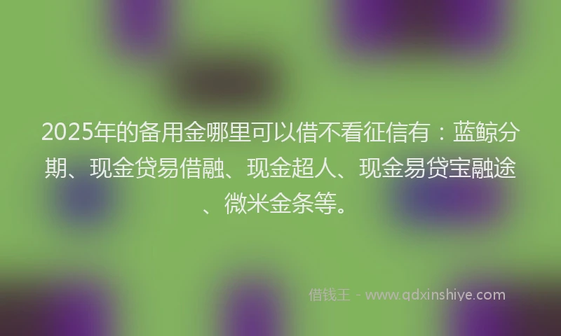 2025年的备用金哪里可以借不看征信有：蓝鲸分期、现金贷易借融、现金超人、现金易贷宝融途、微米金条等。