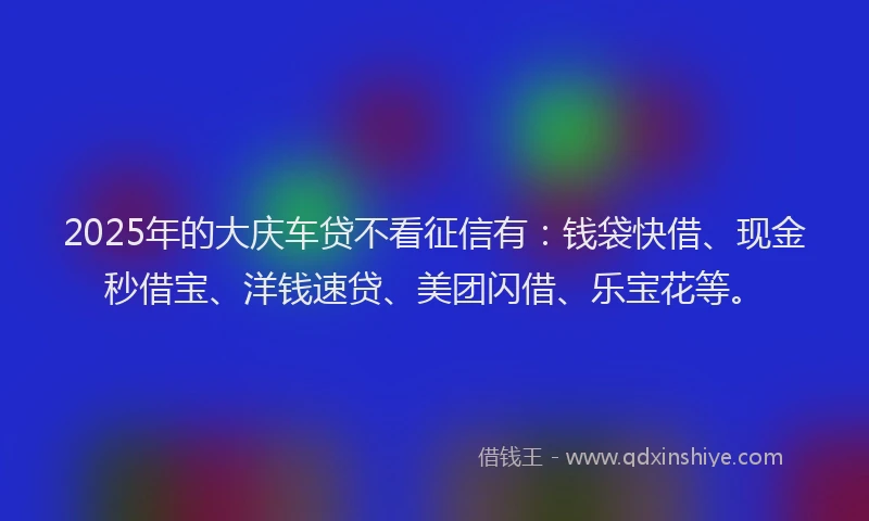 2025年的大庆车贷不看征信有：钱袋快借、现金秒借宝、洋钱速贷、美团闪借、乐宝花等。