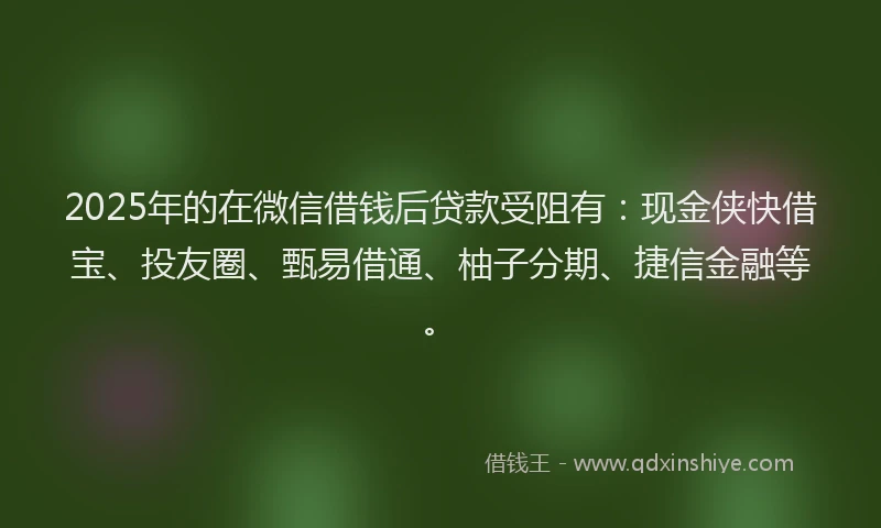 2025年的在微信借钱后贷款受阻有：现金侠快借宝、投友圈、甄易借通、柚子分期、捷信金融等。