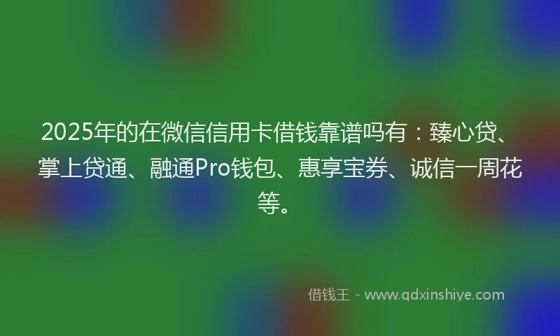 2025年的在微信信用卡借钱靠谱吗有：臻心贷、掌上贷通、融通Pro钱包、惠享宝券、诚信一周花等。