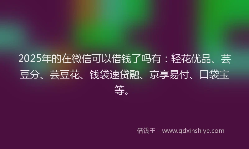 2025年的在微信可以借钱了吗有：轻花优品、芸豆分、芸豆花、钱袋速贷融、京享易付、口袋宝等。