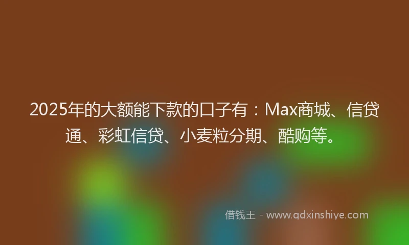 2025年的大额能下款的口子有：Max商城、信贷通、彩虹信贷、小麦粒分期、酷购等。