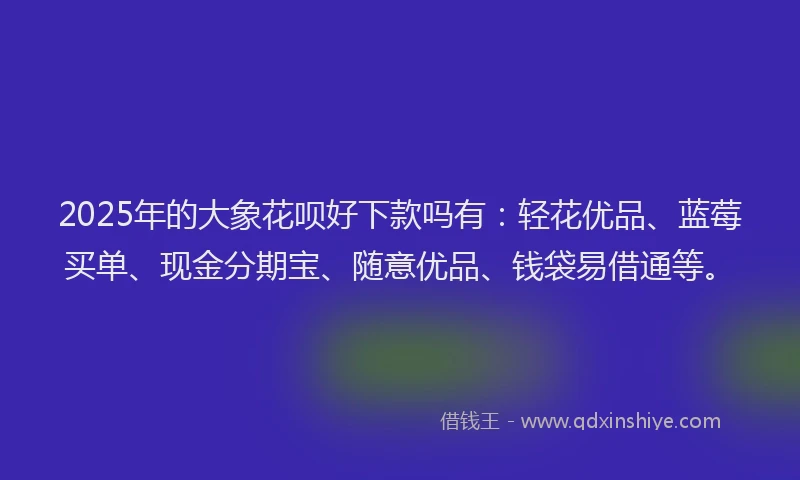 2025年的大象花呗好下款吗有：轻花优品、蓝莓买单、现金分期宝、随意优品、钱袋易借通等。