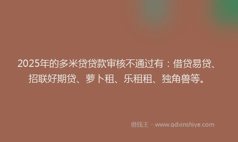 2025年的多米贷贷款审核不通过有：借贷易贷、招联好期贷、萝卜租、乐租租、独角兽等。