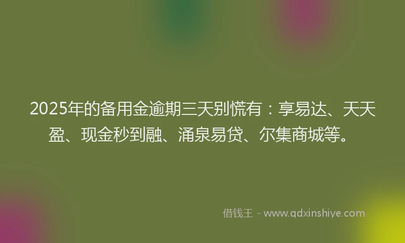 2025年的备用金逾期三天别慌有：享易达、天天盈、现金秒到融、涌泉易贷、尔集商城等。