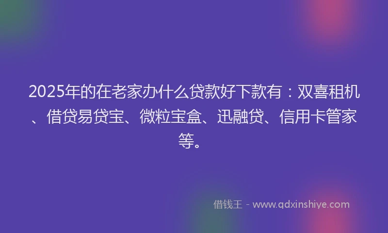 2025年的在老家办什么贷款好下款有：双喜租机、借贷易贷宝、微粒宝盒、迅融贷、信用卡管家等。