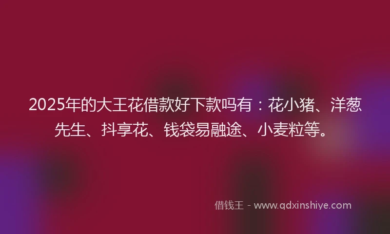 2025年的大王花借款好下款吗有：花小猪、洋葱先生、抖享花、钱袋易融途、小麦粒等。
